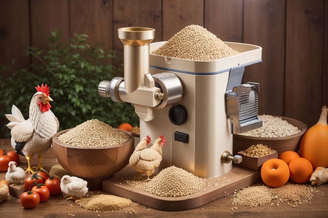 DreamShaper_v7_Grain_mill_for_poultry_with_happy_chicken_and_t_0